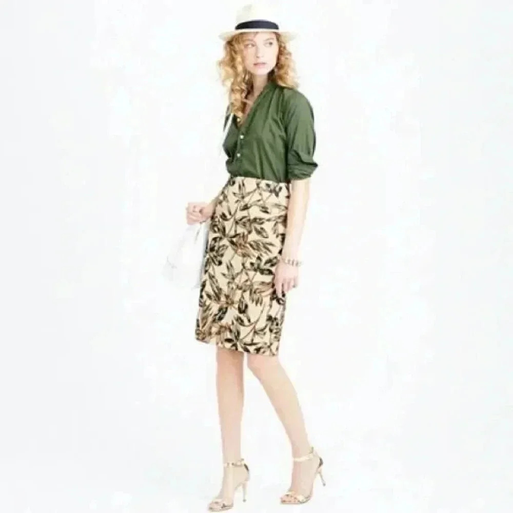 J. Crew Gold Foil Leaf Pencil Skirt Womens Size 0 Cotton Lined Knee Length Cream - Picture 5 of 10